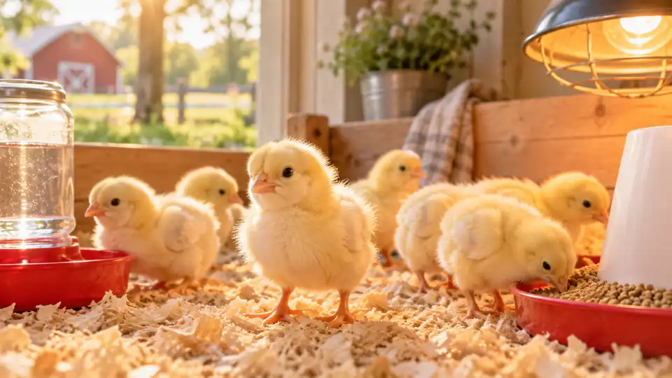 Baby chicks in a warm brooder