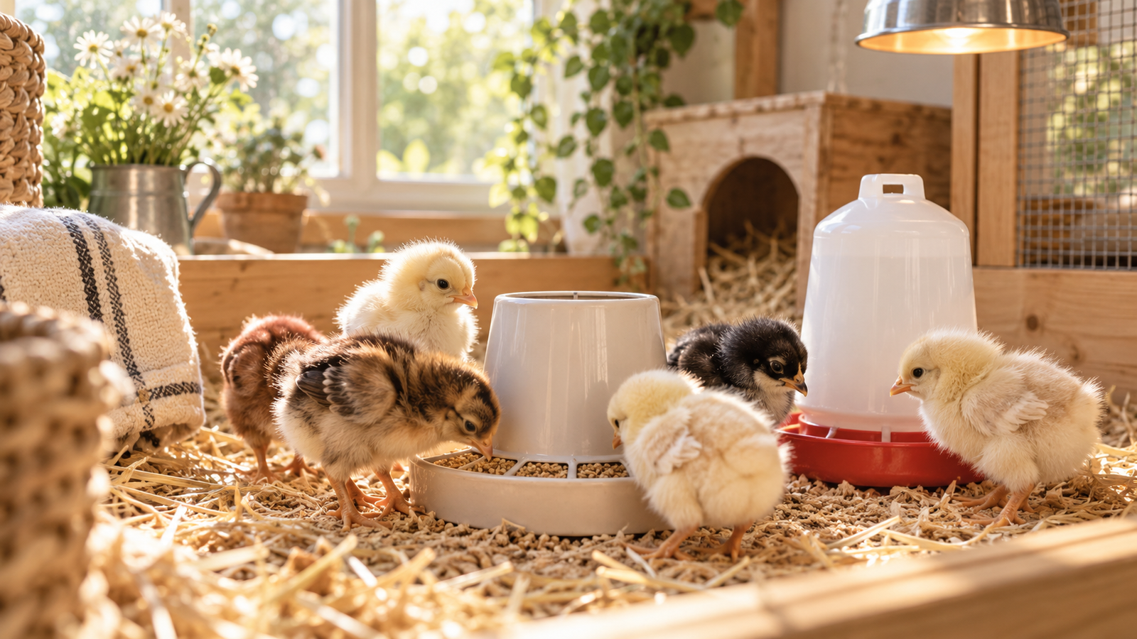 Chicks near a brooder heat source
